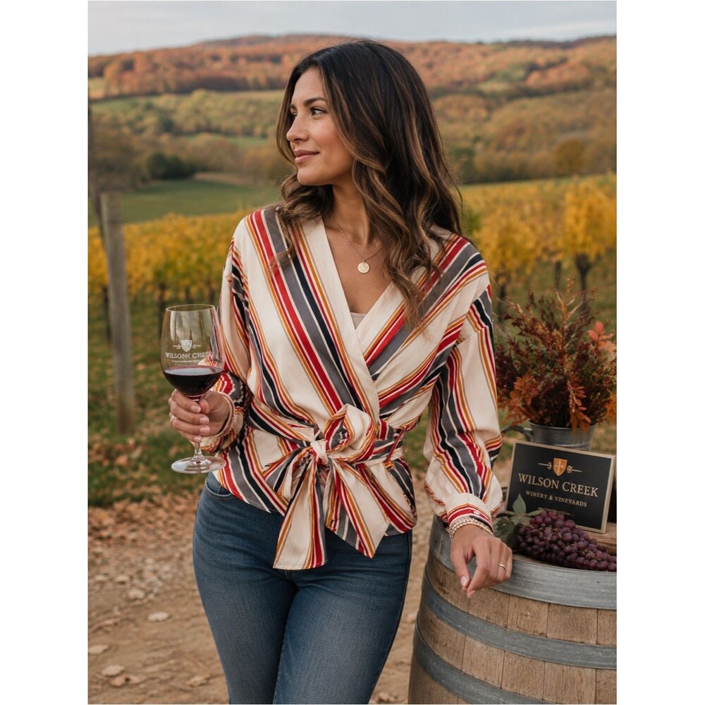 Derek Heart Striped Wrap Blouse Women's M Tie Waist Long Sleeve Top